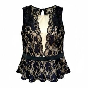 Suzy Shier Black Lace Peplum Sleeveless Top Size Medium